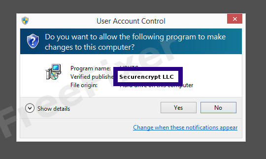 Screenshot where Securencrypt LLC appears as the verified publisher in the UAC dialog